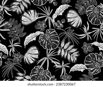 Black and White Hand drawn Stylish Summer Tropical plants and leaves, seamless pattern vector illustrations , Design for fashion , fabric, textile, wallpaper , wrapping and all prints 