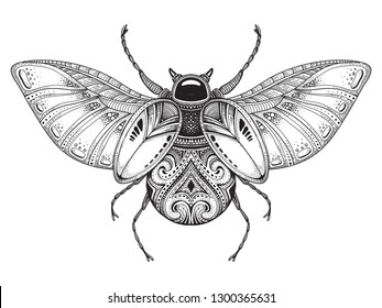 Black and white hand drawn stylized beetle. Doodle ethnic patterned vector bug. Sketch for tattoo, poster, print or t-shirt