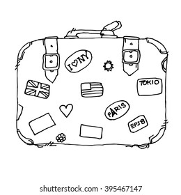 Black And White Hand Drawn Suitcase. Vector Stock Illustration