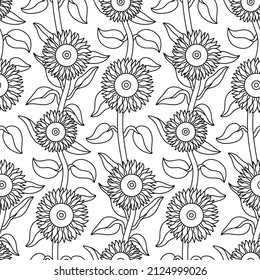 Black and White Hand Drawn Sunflower Vector Seamless Pattern. Awesome for classic product design, fabric, backgrounds, invitations, packaging design projects. Surface pattern design.