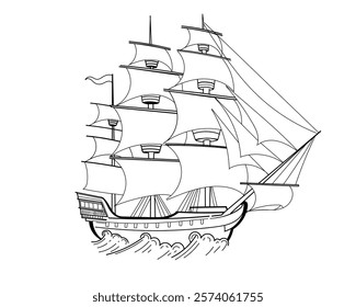 Black and white hand drawn tall sailing ship with multiple masts and detailed rigging. Nautical vessel sketch style. Perfect for nautical designs or historical visuals. Vector illustration