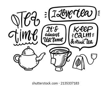 Té a color negro con mano y tetera. Juego de frases caligráficas de guión. Ilustración vectorial aislada en fondo blanco.
