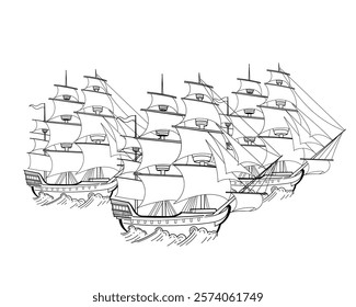 Black and white hand drawn three sailing ships with multiple masts and detailed rigging. Nautical vessel sketch style. Perfect for nautical designs or historical visuals. Vector illustration