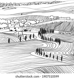 Black And White Hand Drawn Toscana Countryside Scenery. Graphic Vector Illustration Italian Landscape