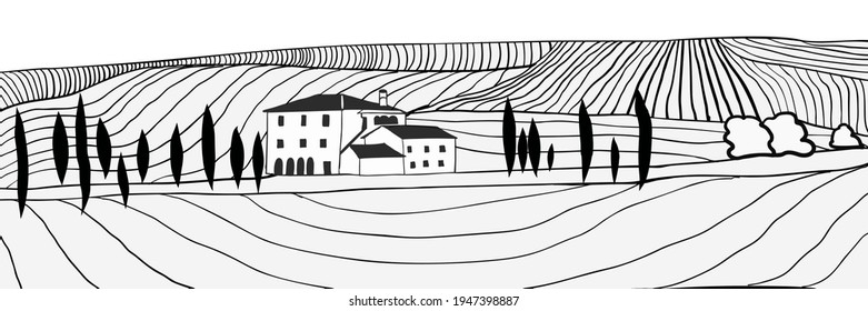 Black and white hand drawn Toscana countryside scenery. Graphic vector illustration Italian landscape