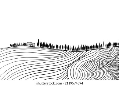 Black and white hand drawn Toscana countryside scenery. Graphic vector illustration Italian landscape