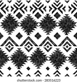 Black and white hand drawn tribal seamless pattern