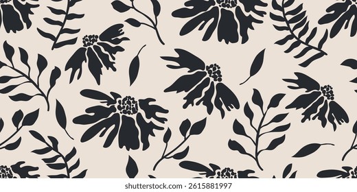Black and white hand drawn tropical floral seamless pattern, can be used for fabric, textile, apparel, wrapping paper, cover, banner, abstract background etc. Vector illustration.
