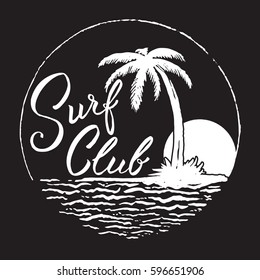 Black and white hand drawn typography design.Surf Club inscription with palm tree,ocean and sun.