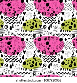 Black and white hand drawn vector seamless pattern with bright pink and green spots suitable for wrapping paper, wallpaper, textile design, web design, stationery and more