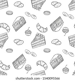 Black and white Hand drawn vector seamless pattern with piece of cake, macaroon, biscuit, cupcake and cup of tea or coffee. For wrapping paper, wallpapers at cafe, coffee shop, bakery or confectionery