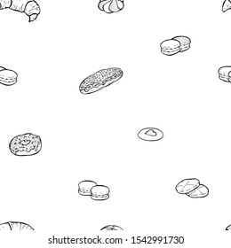 Black and white hand drawn vector seamless pattern with croissant, macaroons, biscuits, eclair and donut. For coloring book, wrapping paper, wallpapers at cafe, coffee shop, bakery or confectionery