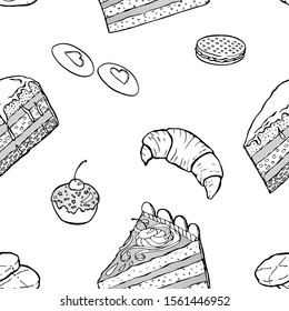 Black and white Hand drawn vector seamless pattern with piece of cake, macaroon, biscuit, cupcake and cup of tea or coffee. For wrapping paper, wallpapers at cafe, coffee shop, bakery or confectionery