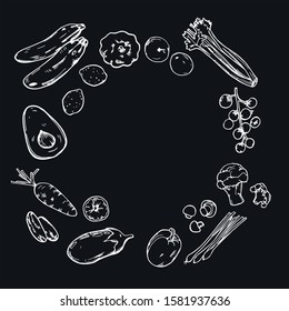 Black and white hand drawn vector drawing of vegetables and fruits. Healthly food.