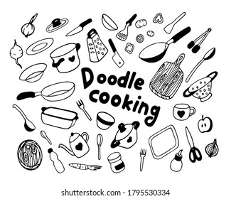
Black and white hand drawn vector doodle set with illustrations of utensils, kitchen tools and appliances, vegetables.