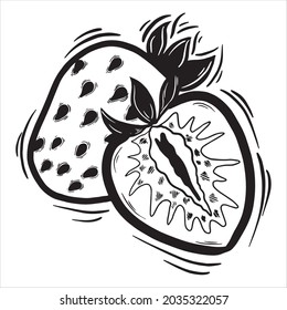 black and white hand drawn vector illustration of strawberry fruit slice