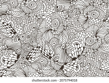 Black and white hand drawn vector seamless pattern with doodle textures. Abstract seamless background with ethnic floral lace