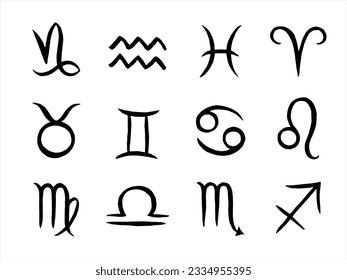 Black and white hand drawn vector zodiac signs, symbols set, collection. Simple linear brush drawn illustrations, drawings. Doodle, uneven artistic lines. Horoscope icons, templates.