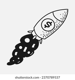 black and white hand drawn vector illustration of rocket with dollar symbol.