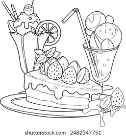 Black and white hand drawn vector. Cakes and ice cream isolated on white background. Different pastry for coloring book and food design.