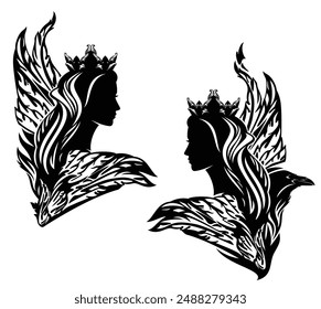 black and white hand drawn vector portrait of fairy tale sorceress queen wearing royal crown with magic raven bird head and wings (produced without the use of any form of AI software at any stage)