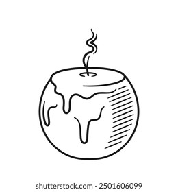 Black And White Hand Drawn Vector Image Of Melting Candle With A Soft Trail Of Smoke. Line Art Design Captures Coziness