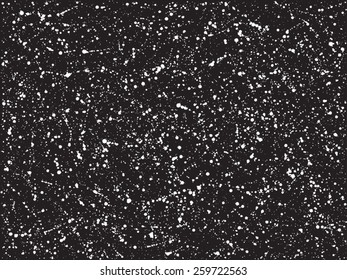 Black and white hand drawn vector splash texture. Spray paint, night sky or falling snow illustration. Cosmic background.