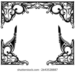 black and white hand drawn vector design set of elegant antique style corner frame decorative elements with venetian gondola boat bow
