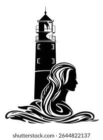 black and white hand drawn vector silhouette portrait of beautiful fairy tale mermaid woman with long gorgeous hair among sea waves by lighthouse
