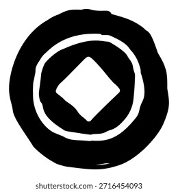 Icono de Vector dibujado a mano en blanco y negro de una moneda de la suerte tradicional china que representa la riqueza y la prosperidad.