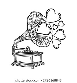 Ilustración vectorial dibujada a mano en blanco y negro de un gramófono vintage que toca música con Formas de corazón.