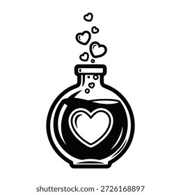 ilustração de vetor desenhado à mão preto e branco de uma garrafa de poção de amor com bolhas de coração flutuante.