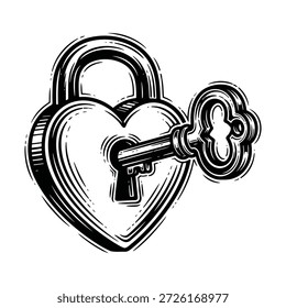Black and white hand drawn vector illustration of a heart shaped padlock with a key in its keyhole.