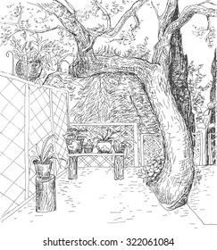 Black and white hand drawn vector sketch with cute outdoor territory . Summer sunny patio in art doodle style pen.