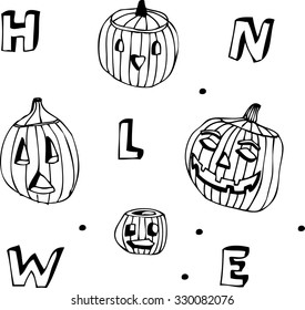 black and white hand drawn vector halloween lettering with carved pumpkins