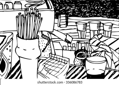 black and white hand drawn vector illustration of bar  with craft beer , glasses and coffee machine. Bar sketch style still life.  