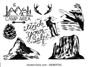 Black   white hand drawn vector landscape nature outdoor forest illustration and clouds mountain bush deer horn sea moon arrow pine cone trees cliff