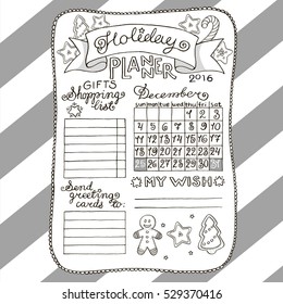 Black and white hand drawn vector christmas holiday planner, good for coloring