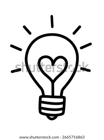 Black and white hand drawn vector illustration of a light bulb with a heart inside and rays, minimal outline style, great for love, creativity, inspiration, romantic and innovative design concepts