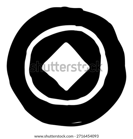 Black and white hand drawn vector icon of a traditional Chinese lucky coin symbol representing wealth and prosperity.