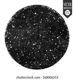 Black and white hand drawn watercolor vector night sky with stars. Splash texture. Circle form with rough, artistic edges.