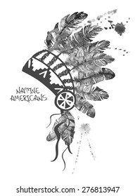 Black and white hand drawn watercolor illustration with Native American Indian chief headdress.