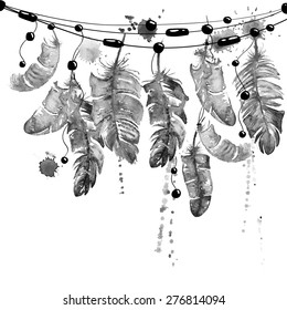 Black and white hand drawn watercolor illustration with hanging bird feathers.