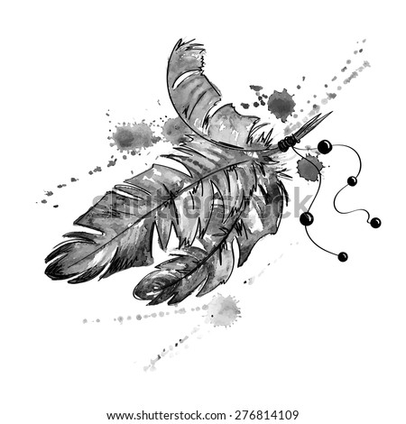 Black and white hand drawn watercolor illustration with bird feathers.
