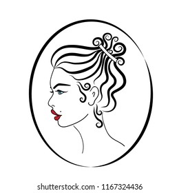 Black and white hand drawn woman portrait. Sketch of a beautiful innocent girl with blue eyes,red lips and hair up do vector.