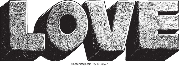 black and white hand drawn word, LOVE, vector