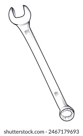 Black and white hand drawn wrench vector illustration