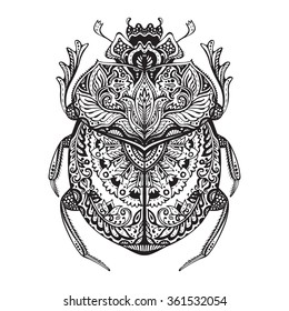 Black and white hand drawn zentangle stylized scarab. Doodle ethnic patterned vector bug. African, egyptian totem.  Sketch for tattoo, poster, print for t-shirt