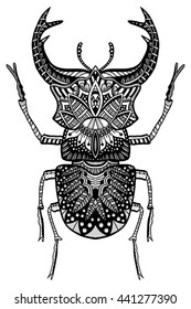 Black and white hand drawn zentangle stylized beetle. Doodle ethnic patterned vector bug. African, egyptian totem. Sketch for tattoo, poster, print or t-shirt