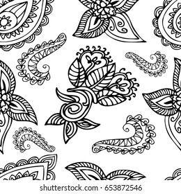Black and white hand drawn zentangle seamless pattern with abstract floral  elements. Vintage ornament for cards, invitation, wallpapers, pattern fills, textile.